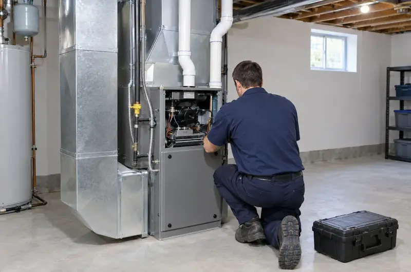 Technician kneeling at an open furnace cabinet in a basement, with a tool case beside him