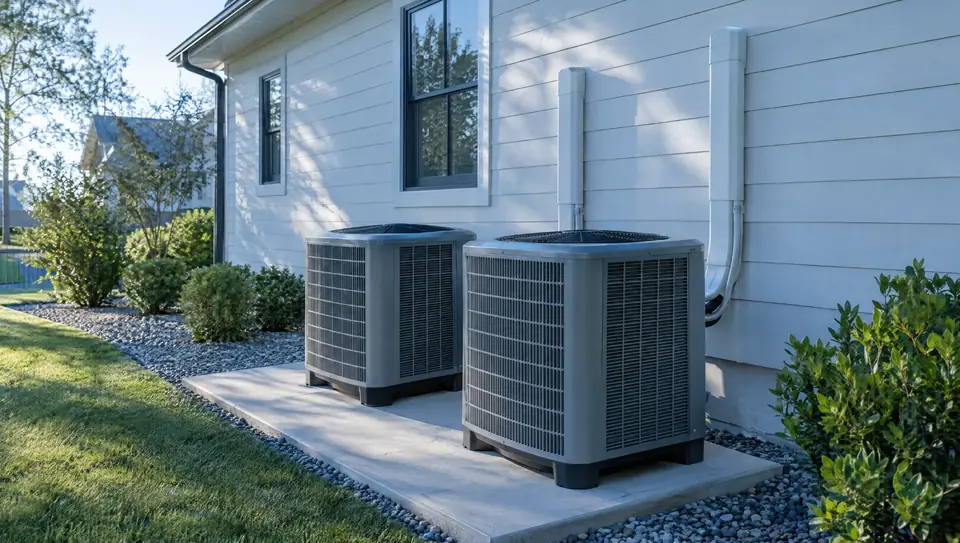 Two outdoor heat pump units on a concrete pad beside a light gray house (sample image)