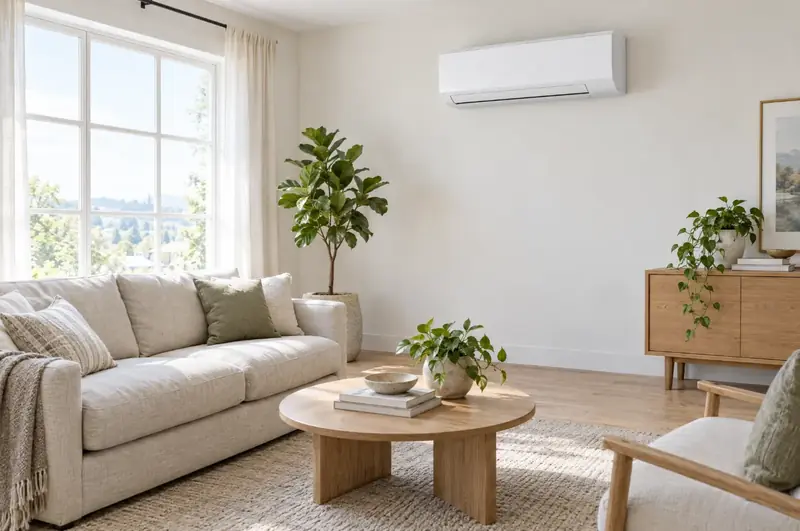 Bright living room with a wall-mounted ductless mini-split unit above the windows