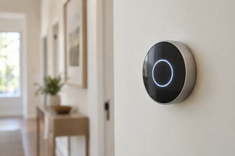 Round smart thermostat on a light hallway wall