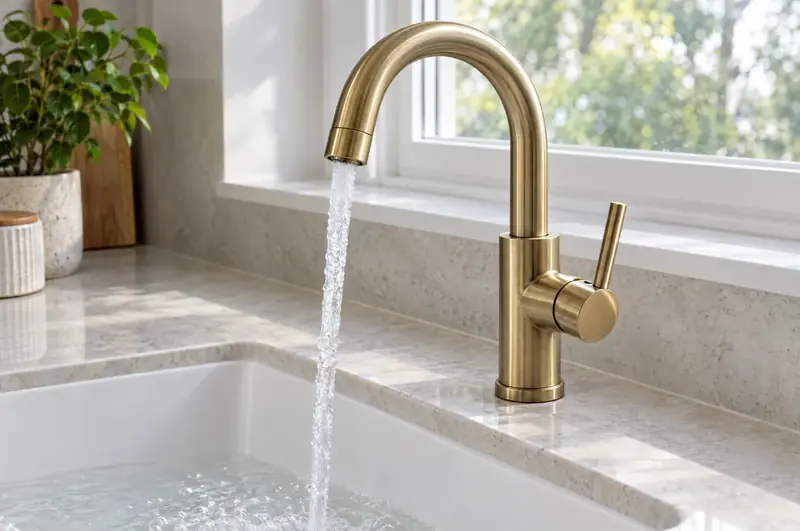 Brushed brass kitchen faucet running water into a white sink