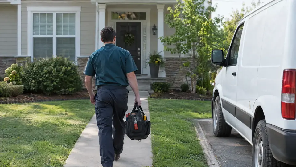 Plumber carrying a tool bag up the front walk of a house, with a white service van in the driveway (sample image)
