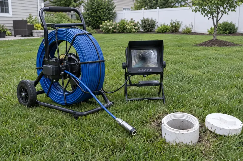 Sewer inspection camera reel and monitor on a lawn next to an open cleanout