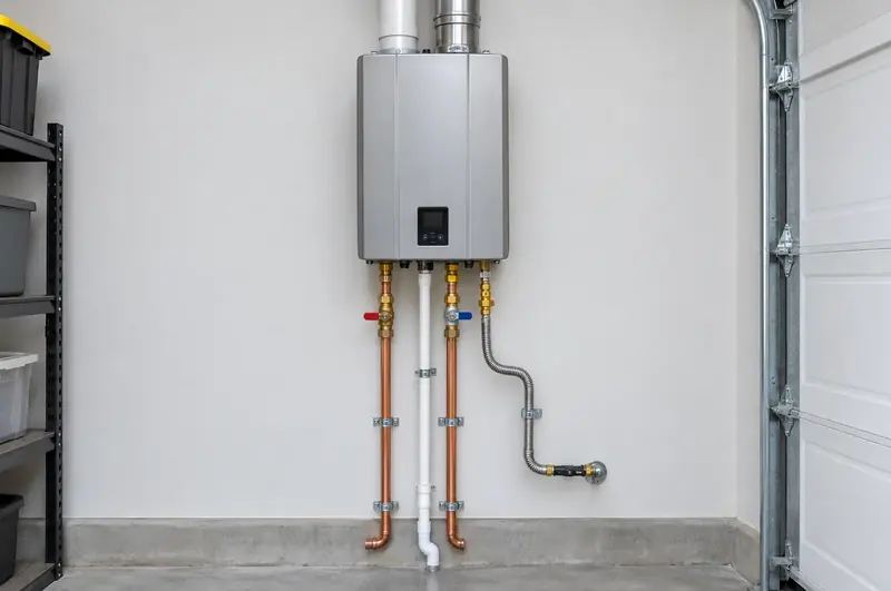 Wall-mounted tankless water heater with copper and gas lines in a garage