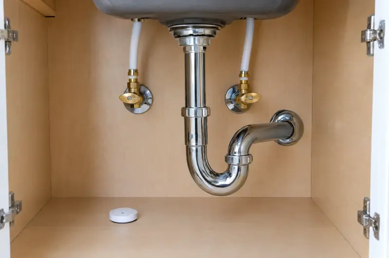 Chrome P-trap and supply valves inside a clean sink cabinet