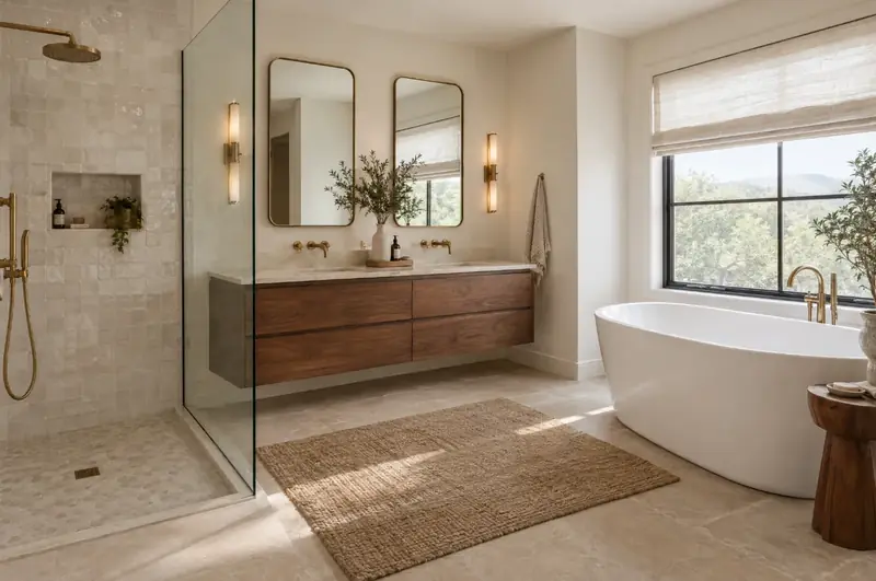 Bathroom with a walk-in glass shower, freestanding tub and a floating walnut vanity
