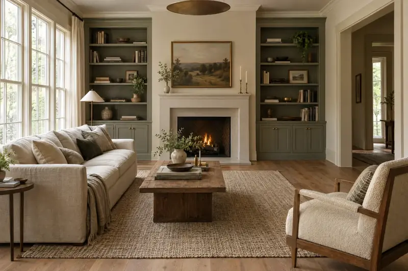 Family room with built-in shelving painted sage green on both sides of a fireplace