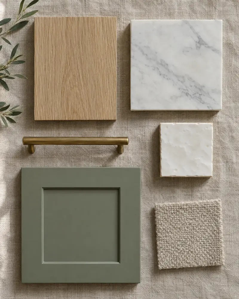Flat lay of finish samples: white oak, honed marble, a sage green cabinet door, a brass pull and textured tile