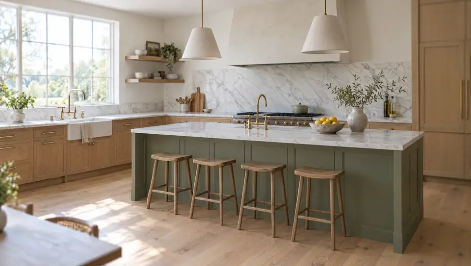 Remodeled kitchen with a sage green island, white oak cabinets, marble backsplash and three bar stools (sample image)
