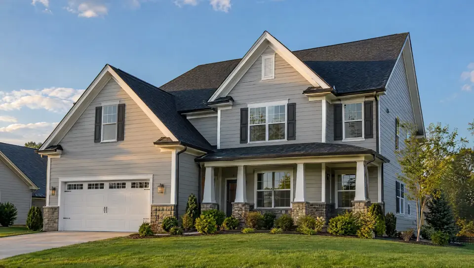 Two-story home with a new charcoal shingle roof in late-afternoon light (sample image)