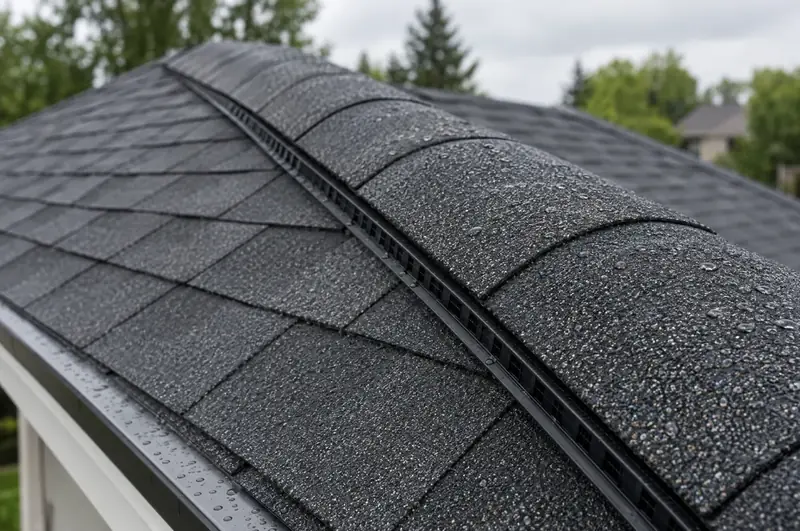 Close-up of new architectural shingles and a ridge vent after rain
