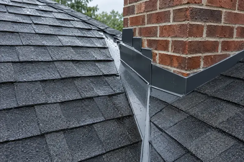 Finished roof valley with metal flashing beside a brick chimney
