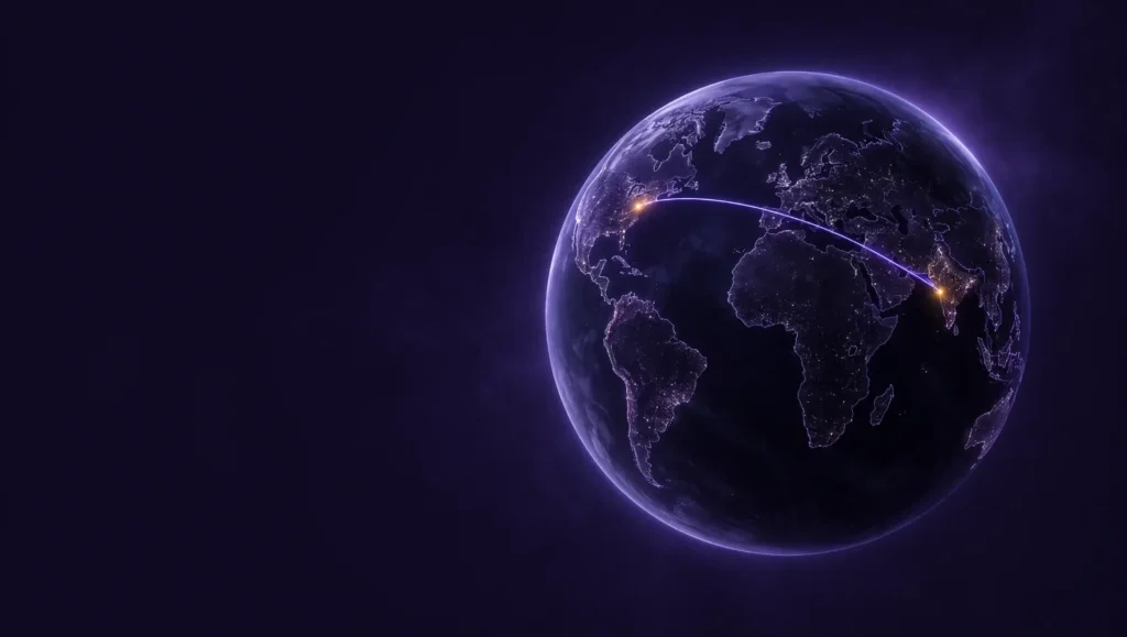 A dark globe with an arc of light connecting South Asia and the US East Coast