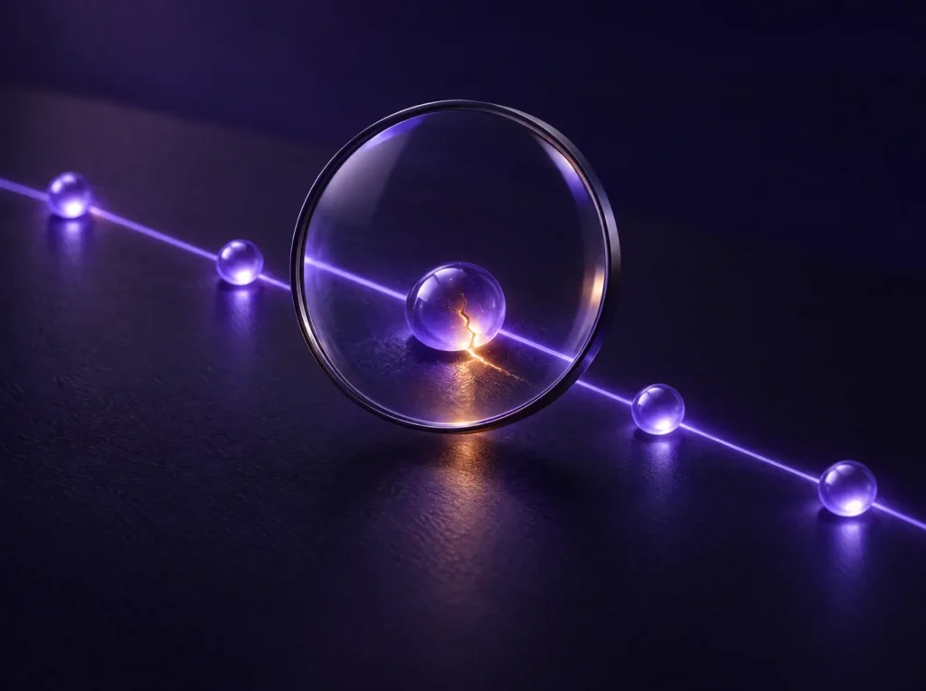 A magnifying lens over a line of light, revealing one node where light leaks out