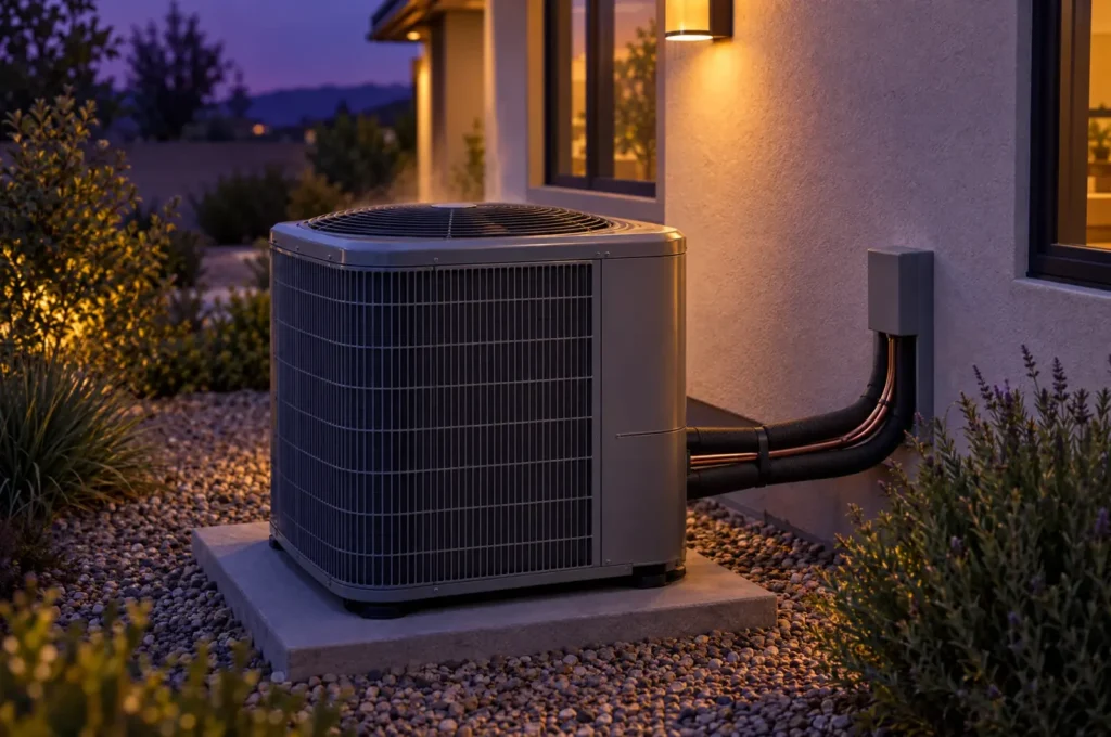 An outdoor air-conditioning unit beside a modern home at dusk