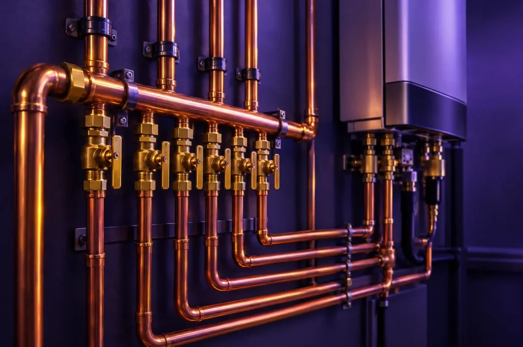 New copper pipes and brass valves beside a tankless water heater