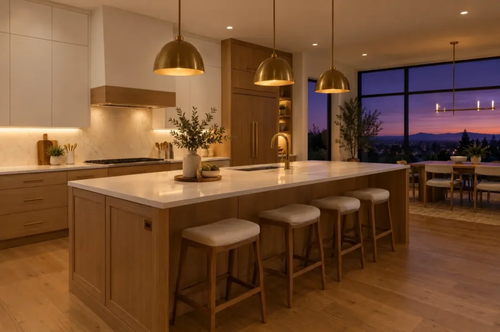 A freshly remodeled kitchen with warm pendant lights at dusk