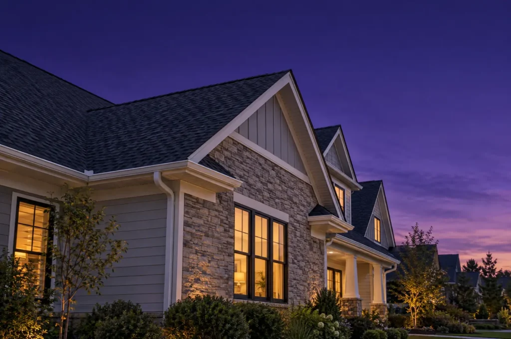 A modern home with a new shingle roof at dusk