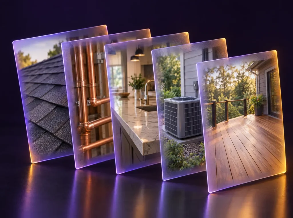Glass panels showing job-site photos of roofing, copper pipes, a kitchen and an AC unit