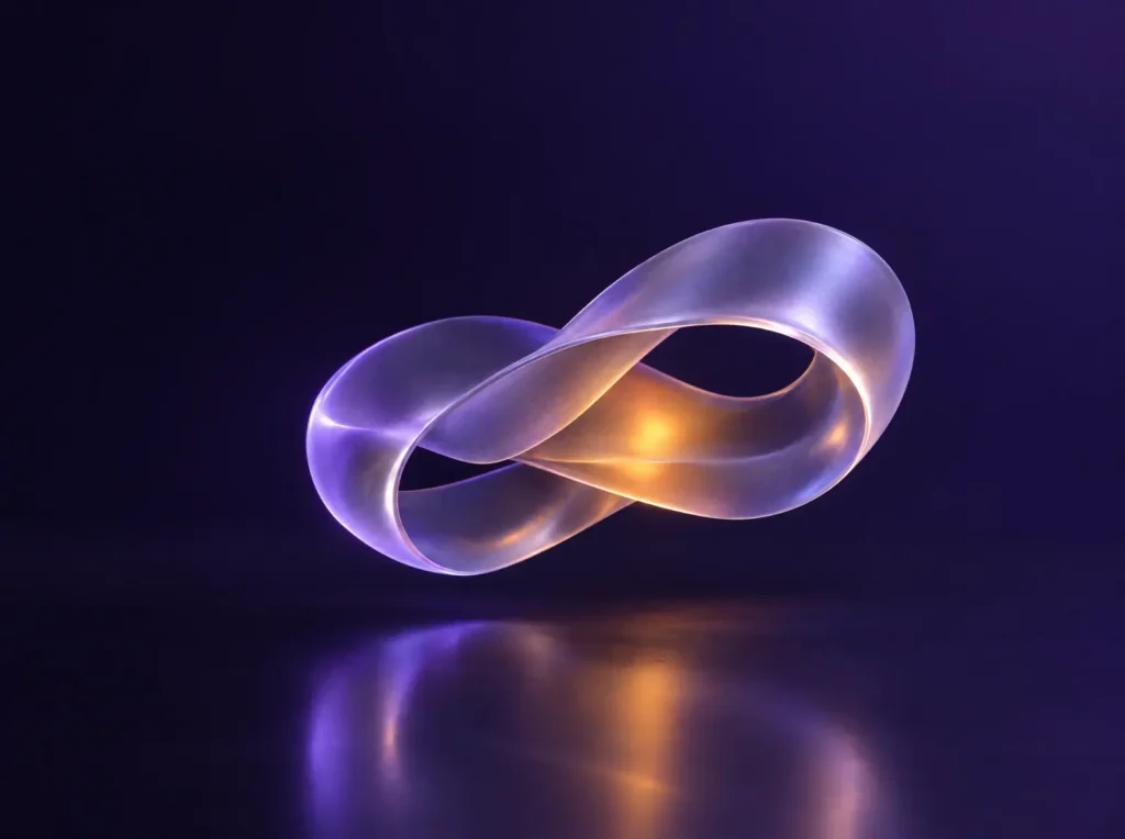 A continuous glass loop lit in violet, representing a monthly system that keeps running
