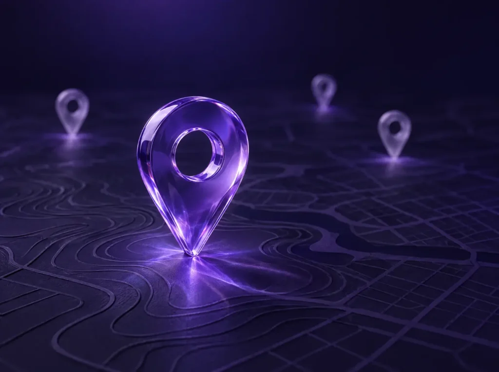 A glass map pin standing on a topographic street grid